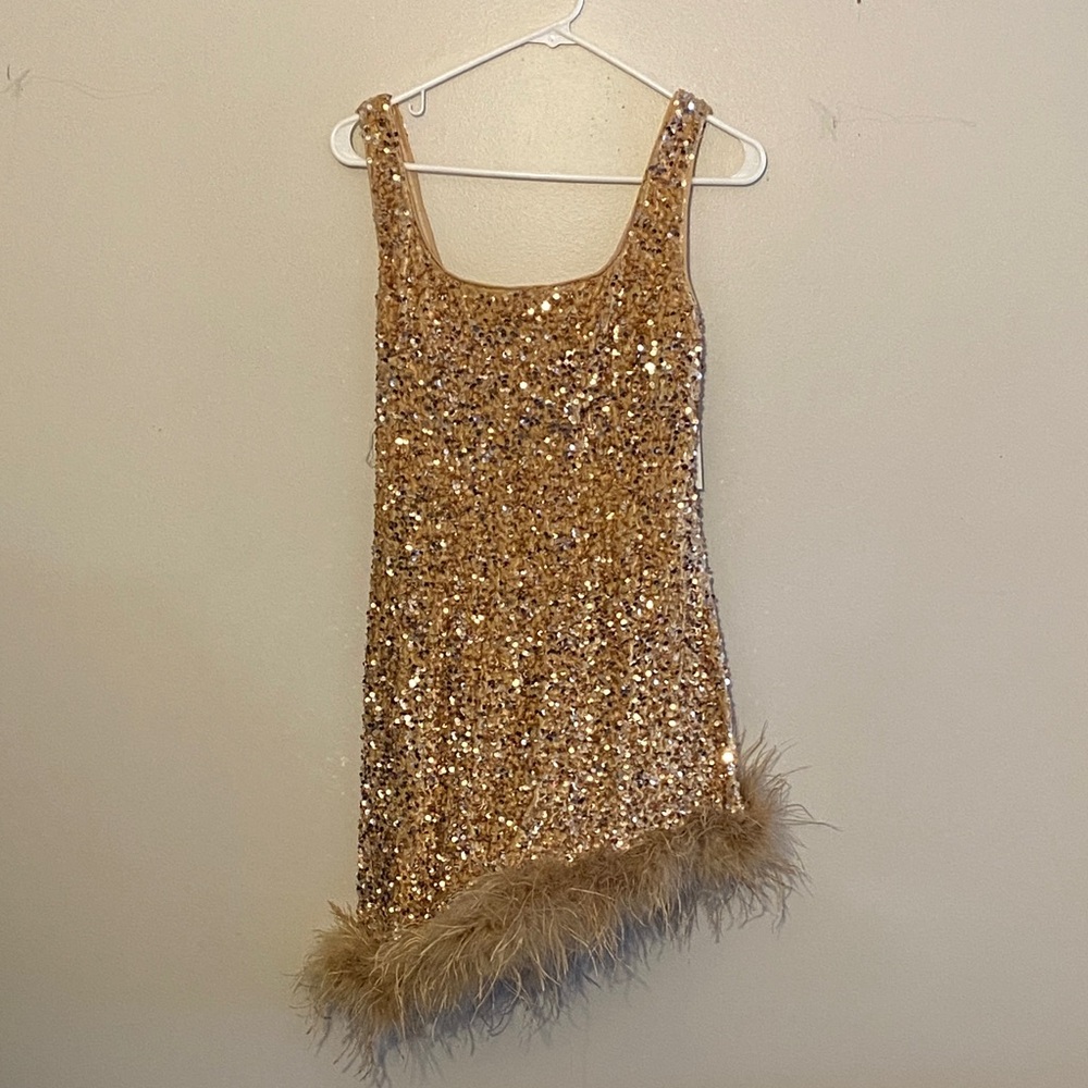 Gold Sequin Mini Dress with Feather Trim New Years Eve